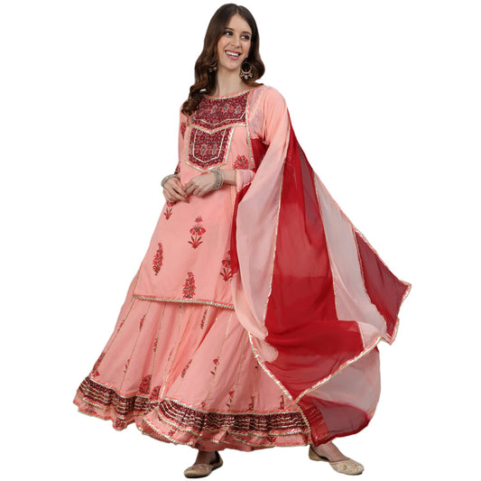 ishin Women's Peach Embroidered A-Line Short Kurta Set with Sharara and Dupatta