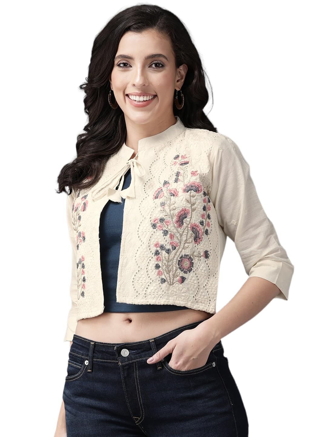 Aarika Womens Cream-Grey Colour Cotton Chikan Ethnic Jacket (JK-W-AK-516-CREAM-GREY-42)
