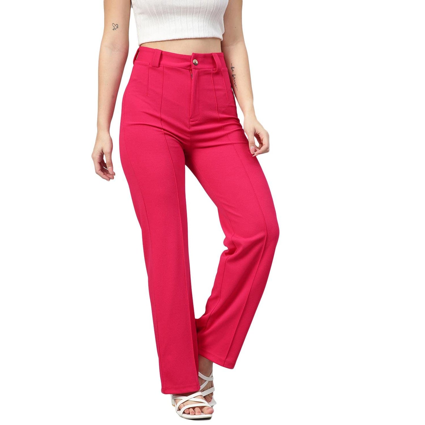 Kotty Womens High Rise Viscose Rayon Solid Trousers Rani Pink