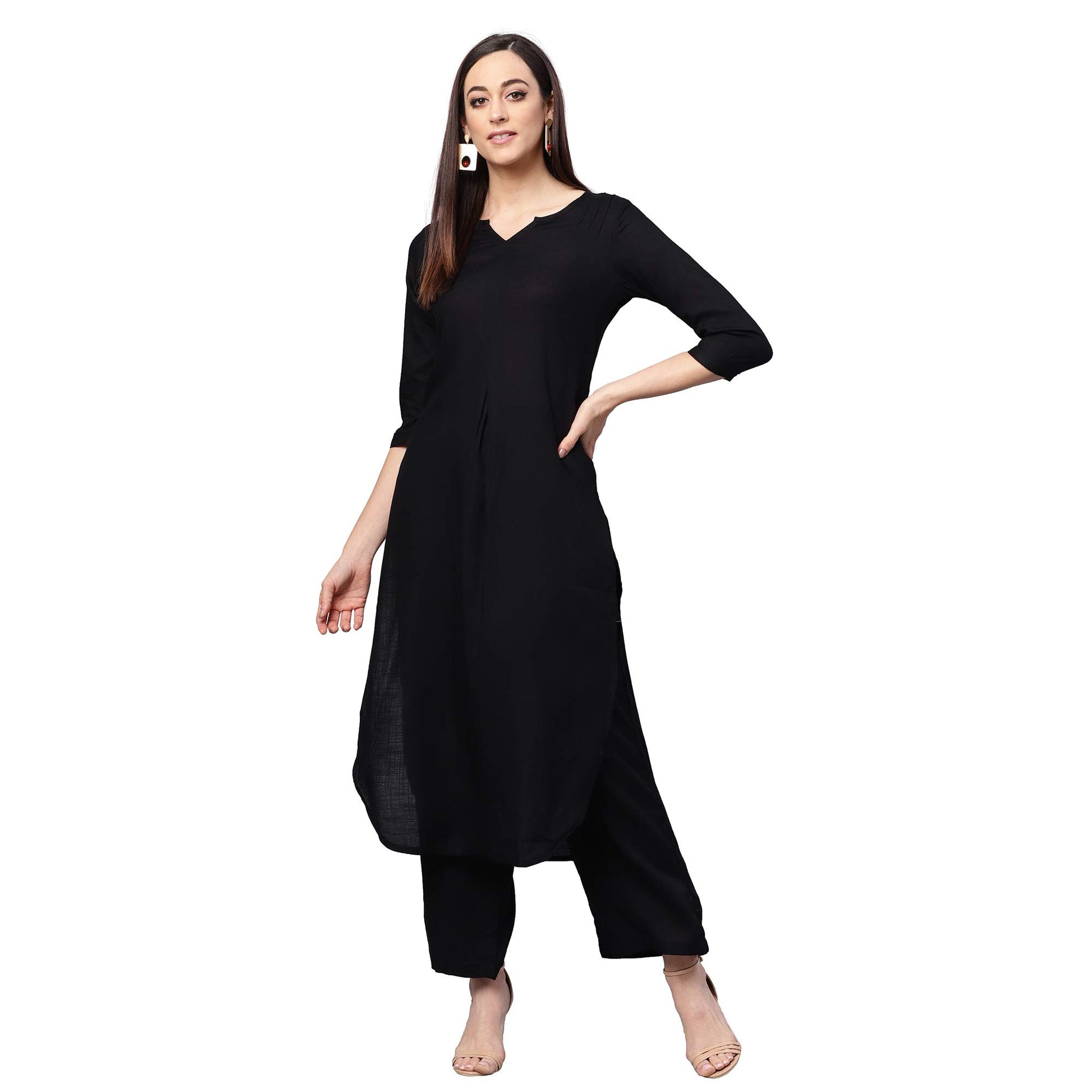idaLia Rayon Solid Straight Black Kurta Set for Women 3/4 Sleeve, Round V Neck Designer Kurta with Palazzo Pant Set