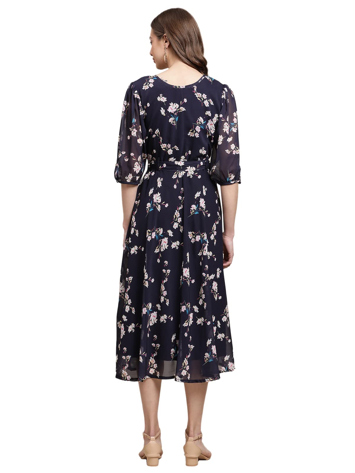 Preneum Womens Maxi Fit & Flare Latest Style Print Georgette Regular Sleeves Casual Summer Maxi Dress || Festival & Occasion, D