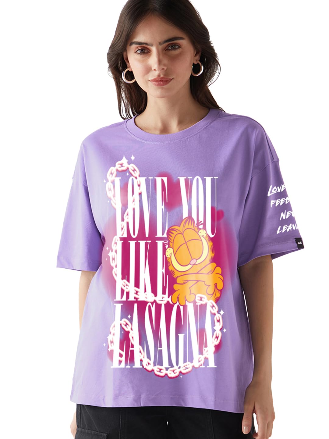 Bewakoof X Garfield Garfield Women Graphic Print Oversized Fit Half Sleeve Round Neck Cotton Jersey T-Shirt_661964_Purple_XL