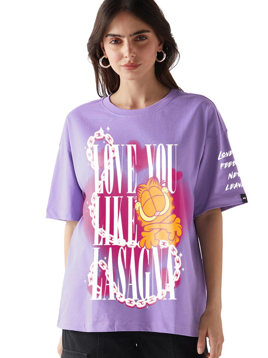 Bewakoof X Garfield Garfield Women Graphic Print Oversized Fit Half Sleeve Round Neck Cotton Jersey T-Shirt_661964_Purple_XL