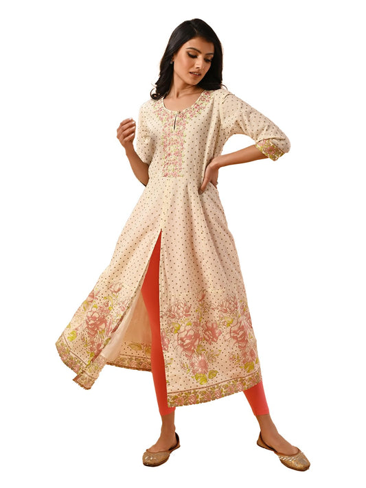 rangita Cream Cotton Calf Length Embroidered Front Slit Kurti for Women | Kurta for Women