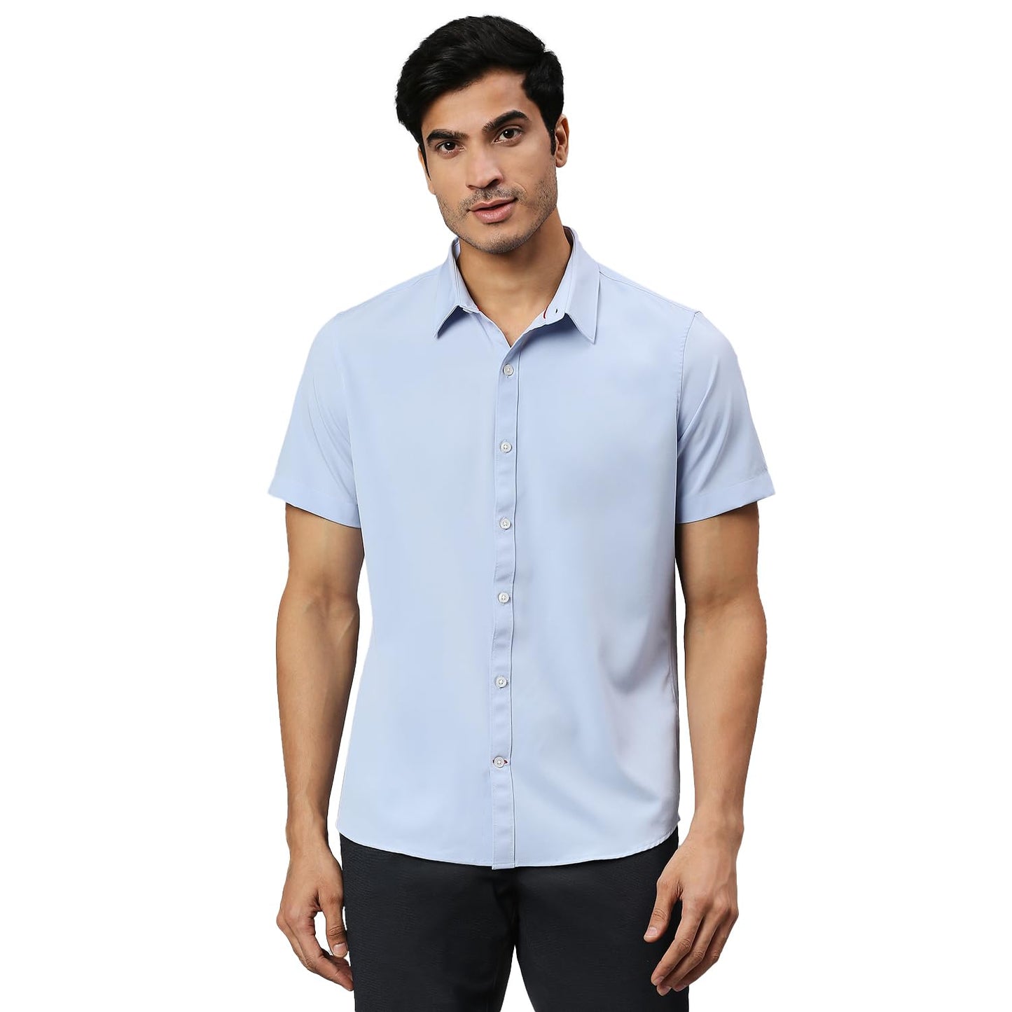 Thomas Scott Mens | Half Sleeve | Solid Plain Color | Regular Fit | Polyester Blend | Spread Collar | Casual | Shirts (Sky Blue_