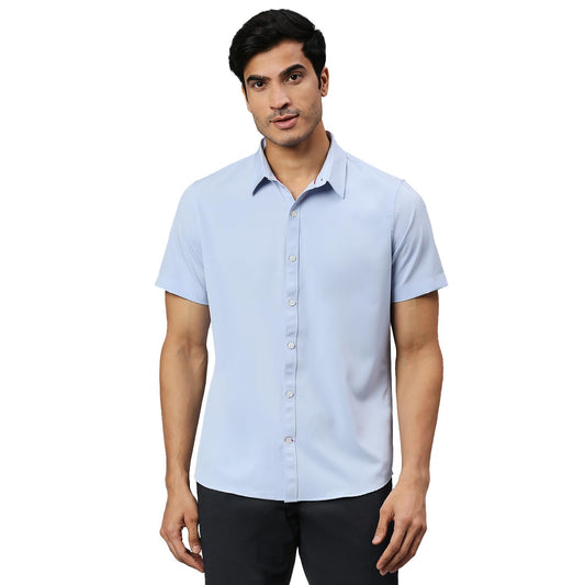 Thomas Scott Mens | Half Sleeve | Solid Plain Color | Regular Fit | Polyester Blend | Spread Collar | Casual | Shirts (Sky Blue_