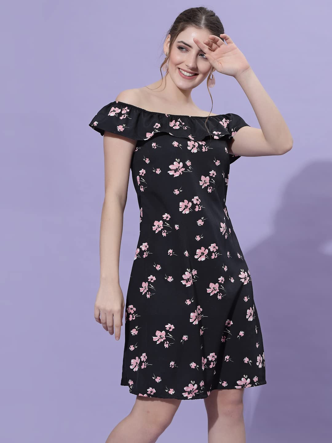 Oomph! WomenS Western & Fusion Wear Mini/Short A-Line Black Dress In Crepe Fabric With Off Shoulder And Off Shoulder Sleeve - M