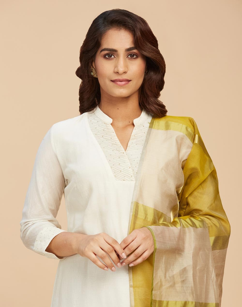 Fabindia Green-Beige Cotton Silk Celebration Maheshwari Women Dupatta (1 Dupatta) - Free Size