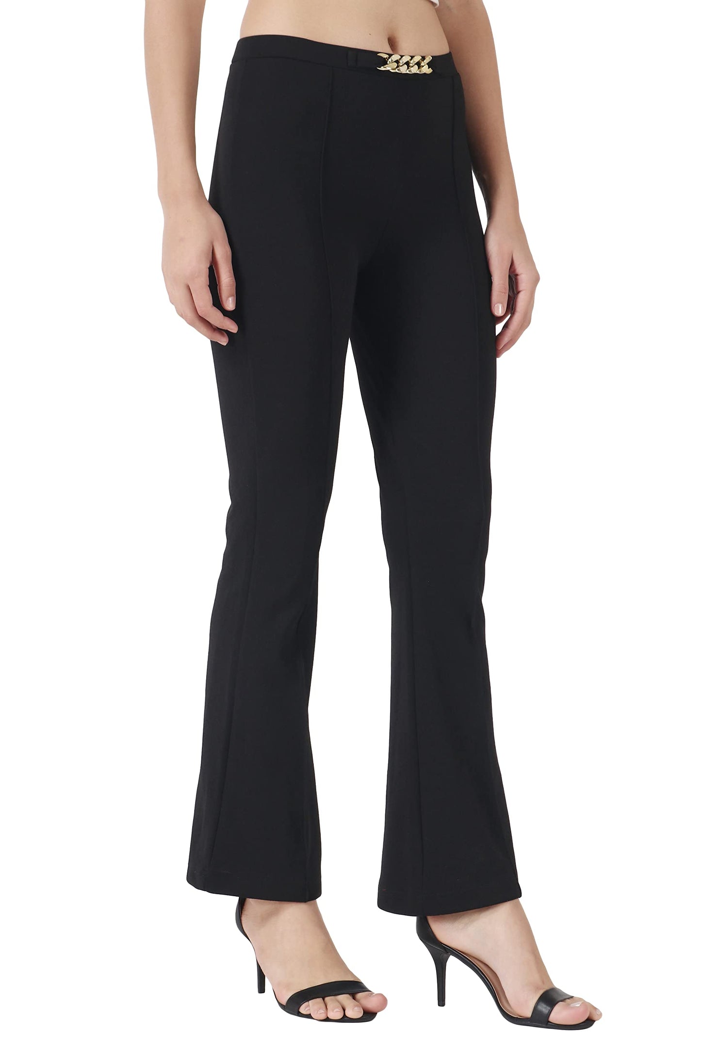 POPWINGS Solid Full-Length Polyester Regular-Fit Trouser Pants for Women for Casual and Semi Formal Wear Black