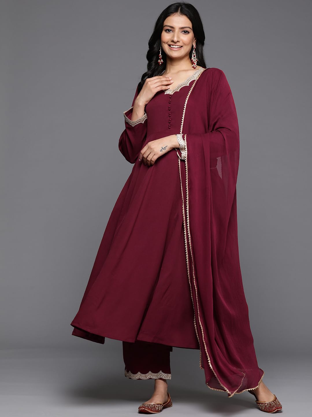 Varanga Women Maroon Zari & Sequins Embellished Anarkali Kurta With Bottom And Dupatta  V-Neck, Potali Button Yoke, Long Sleeves