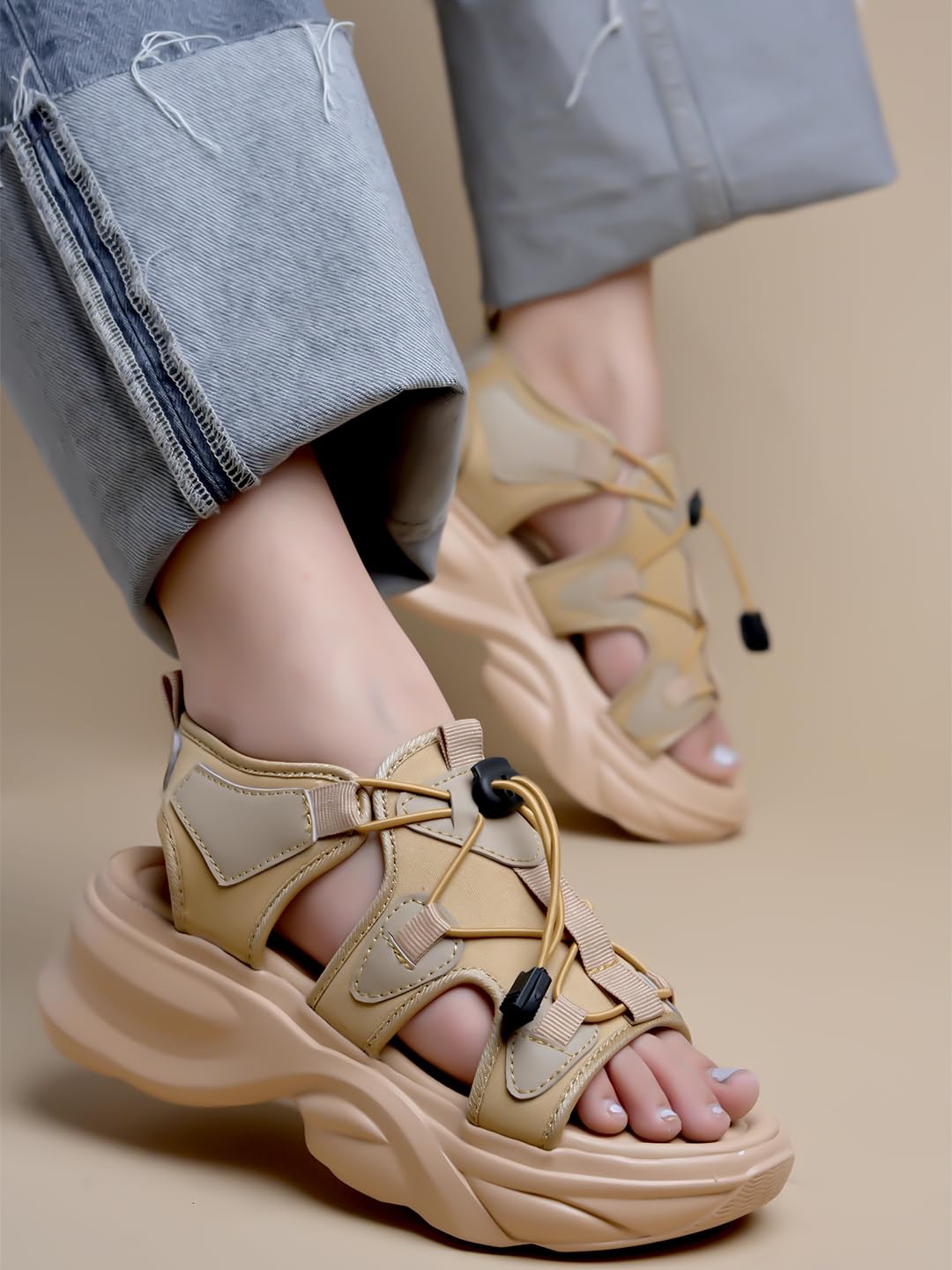 Shoetopia Sports Sandals for Women, Flexible & Comfortable, Size 6.5, Beige, Model Joke-Beige