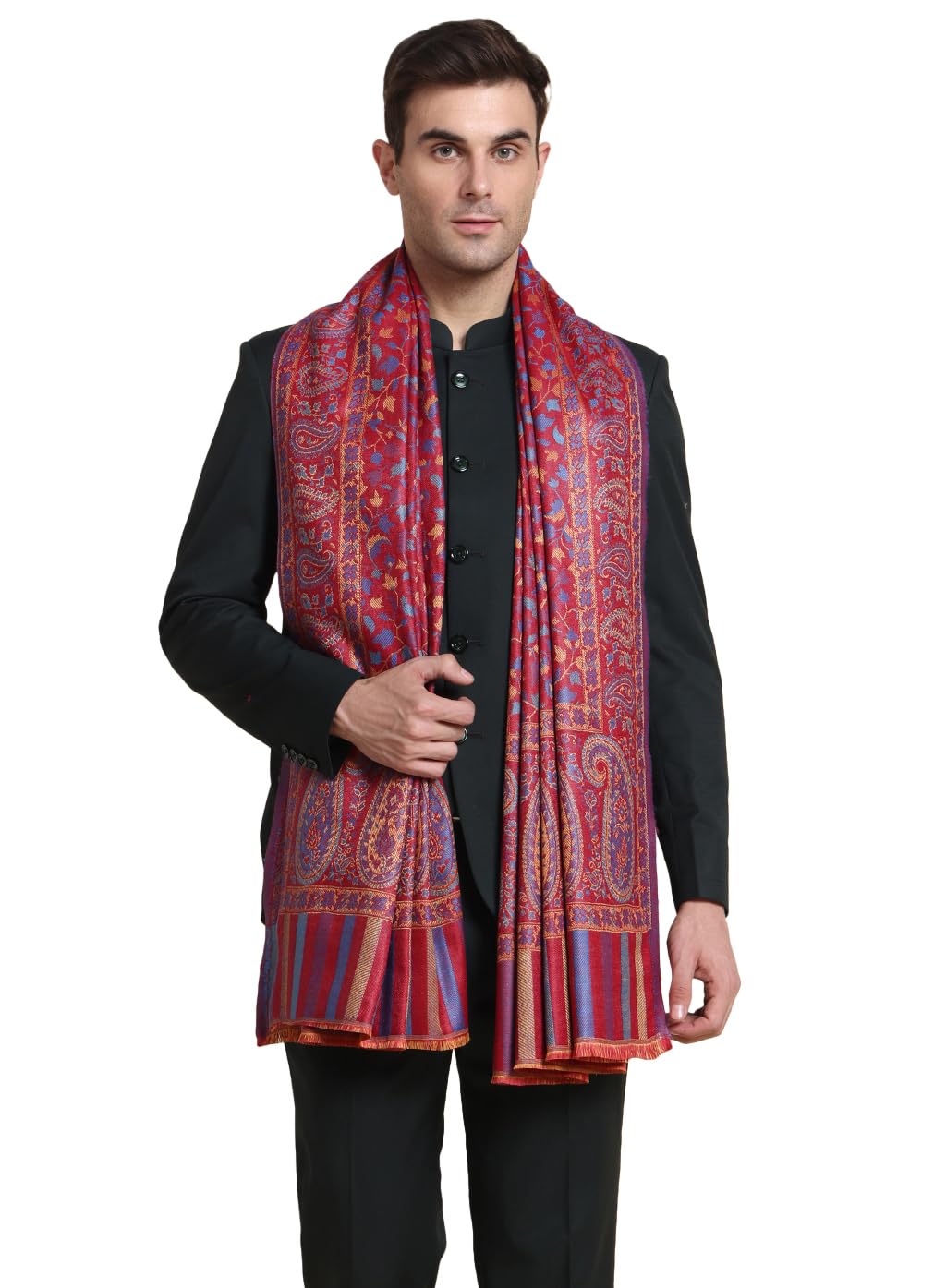 Weavers Villa Mens Acro Wool Blended Shawl - Handloom Woven Paisley Pattern - Stoles for Men - Gents Shawls - Soft & Warm Wrap