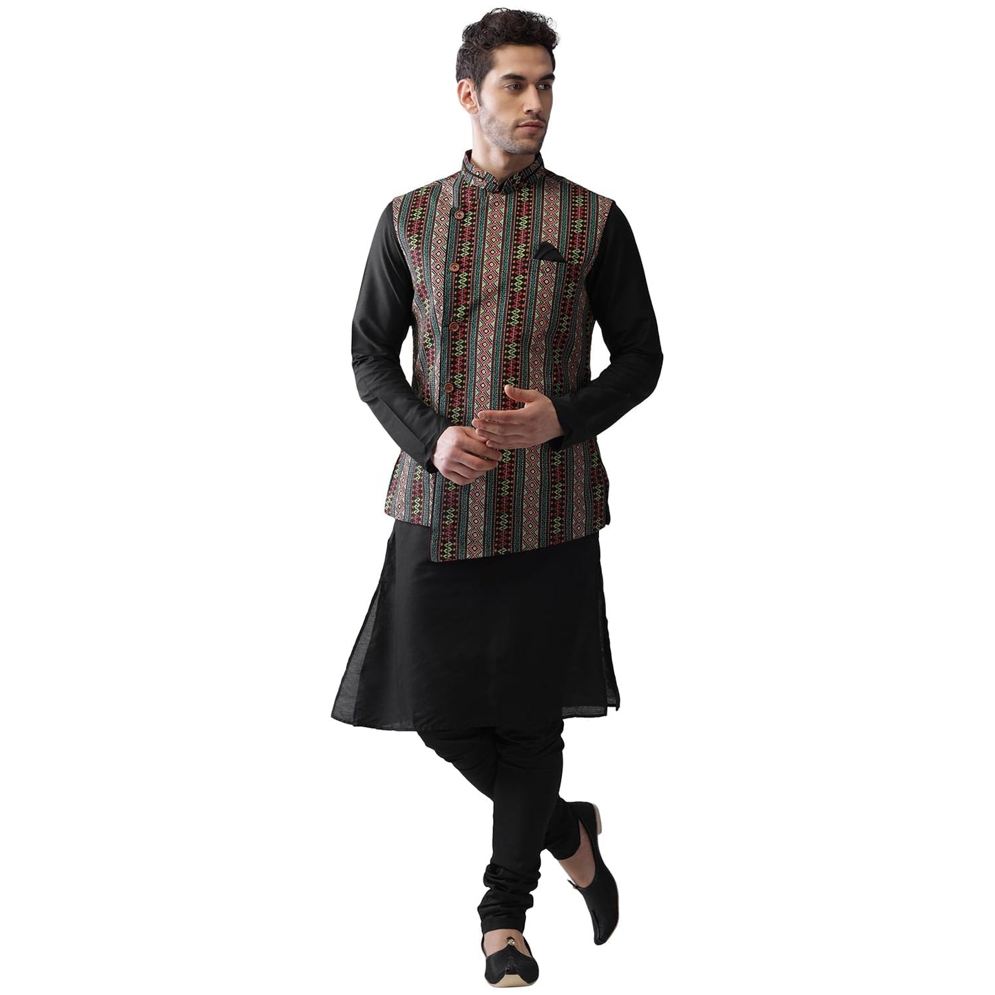 Kisah Men Printed Kurta Jacket Set, Full Sleaves, Knee Length, Straight, Regular Fit, Mandarin Collar Ethnic Wear