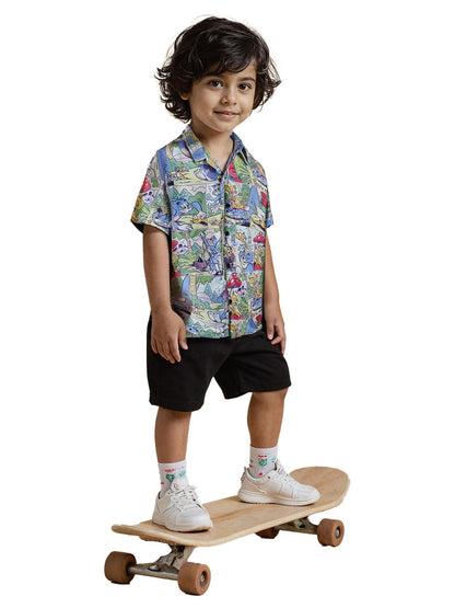 The Souled Store Tom & Jerry: Comics Boys Short Sleeves Collared Neck Button Front Multicolor All Over Printed Viscose Shirts (2