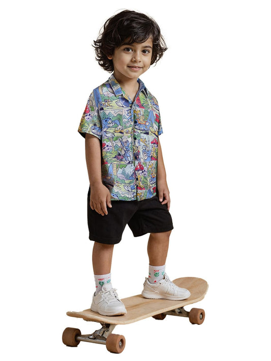 The Souled Store Tom & Jerry: Comics Boys Short Sleeves Collared Neck Button Front Multicolor All Over Printed Viscose Shirts (2