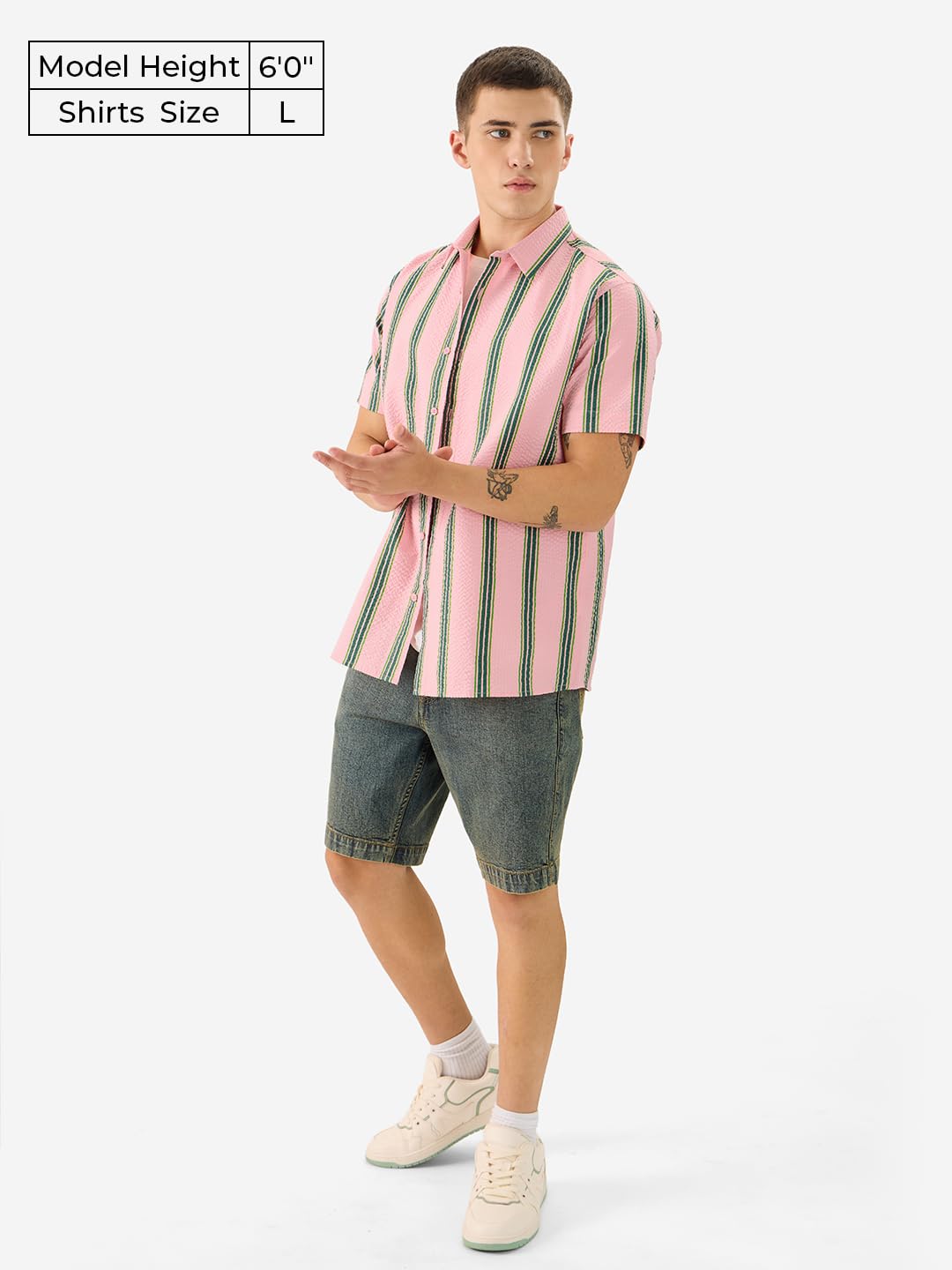 The Souled Store Azalea Men and Boys Short Sleeve Collared Neck Button Front Pink Striped Regular Fit Cotton Summer Shirts