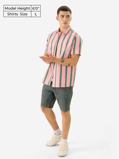 The Souled Store Azalea Men and Boys Short Sleeve Collared Neck Button Front Pink Striped Regular Fit Cotton Summer Shirts