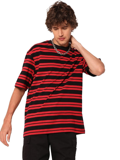 Bewakoof Mens Striped 100% Cotton T-Shirt - Oversized Fit, Round Neck, Half Sleeves Black