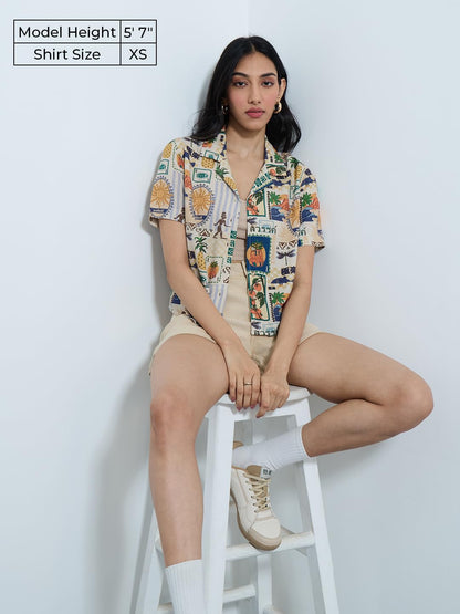 The Souled Store Originals: Tropical Mood Women and Girls Short Sleeves Collared Neck All Over Printed Cotton Regular Fit Casual
