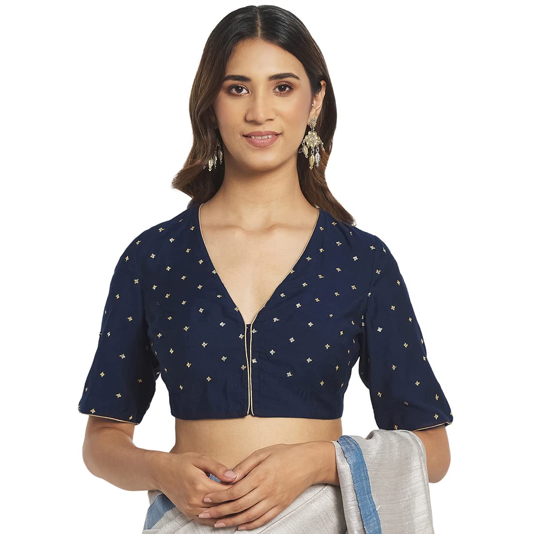 Fabindia Women Silk Blend Metallic Embroidered V-Neck Blouse Navy_38