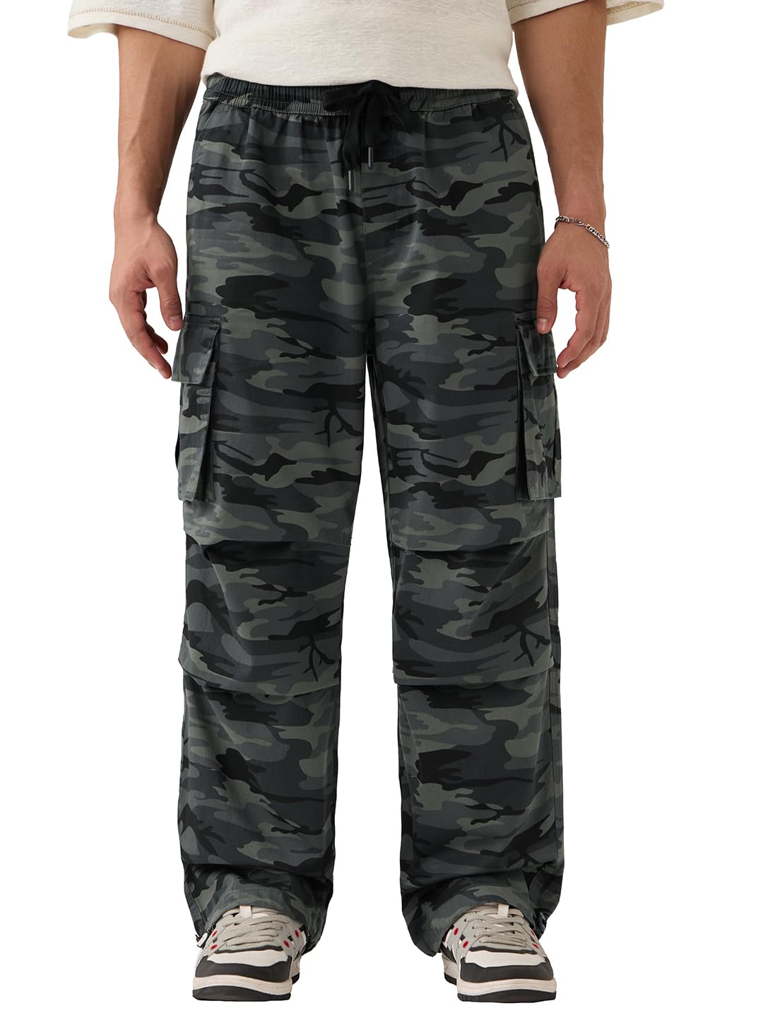 The Souled Store Baggy-Fit Joggers: Blue Camo Men and Boys Drawstringed Baggy Fit Cotton Blend Cargo Joggers