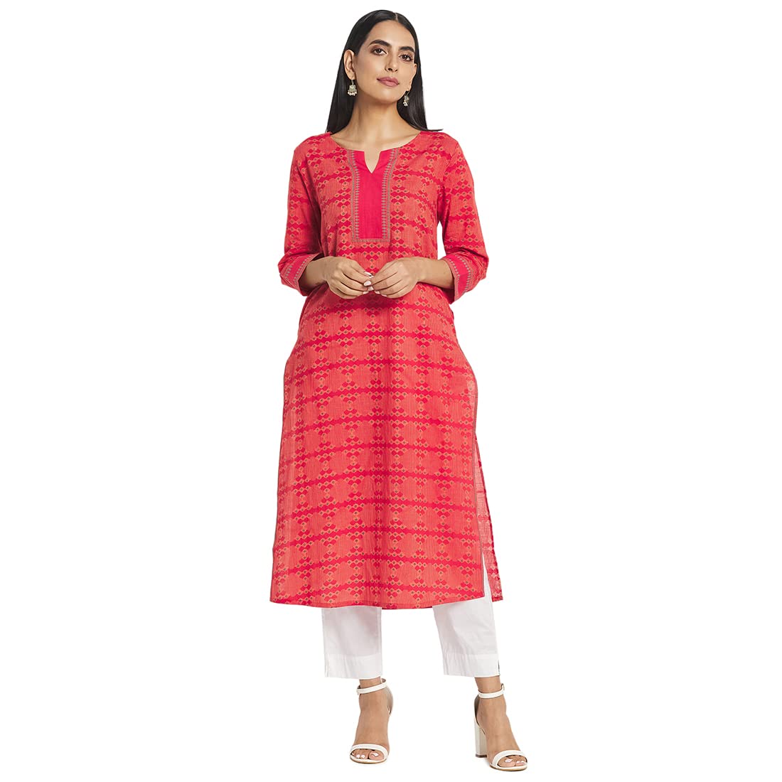 Fabindia Women Cotton Printed Long Kurta Orange_L
