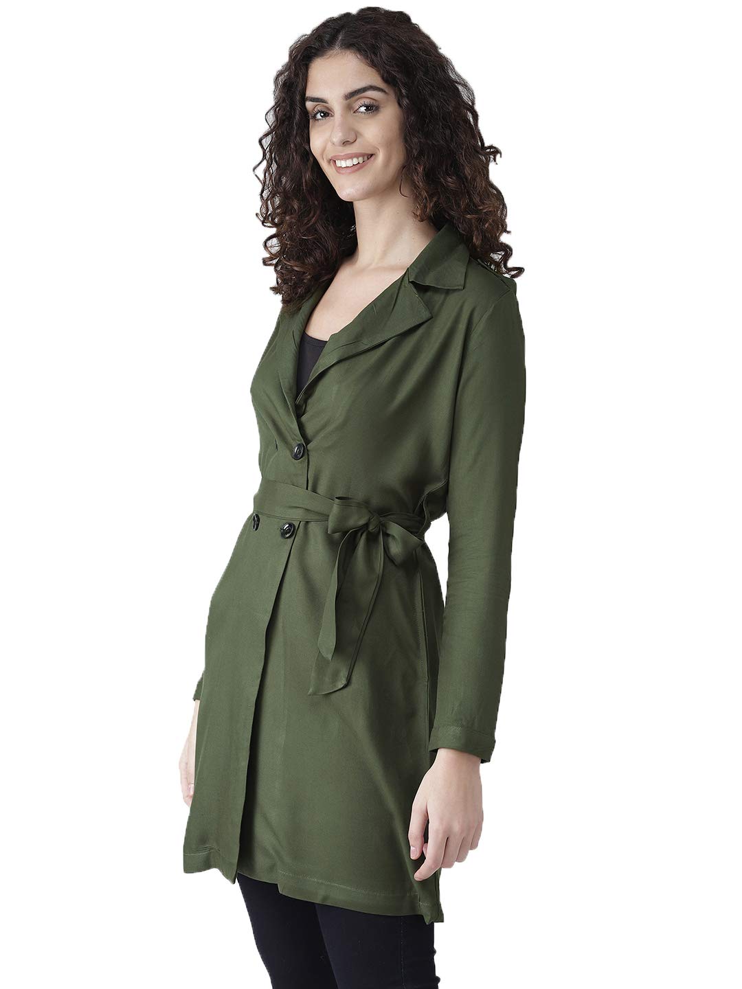 Style Quotient Women Solid olive viscose rayon smart casual Trench Coat