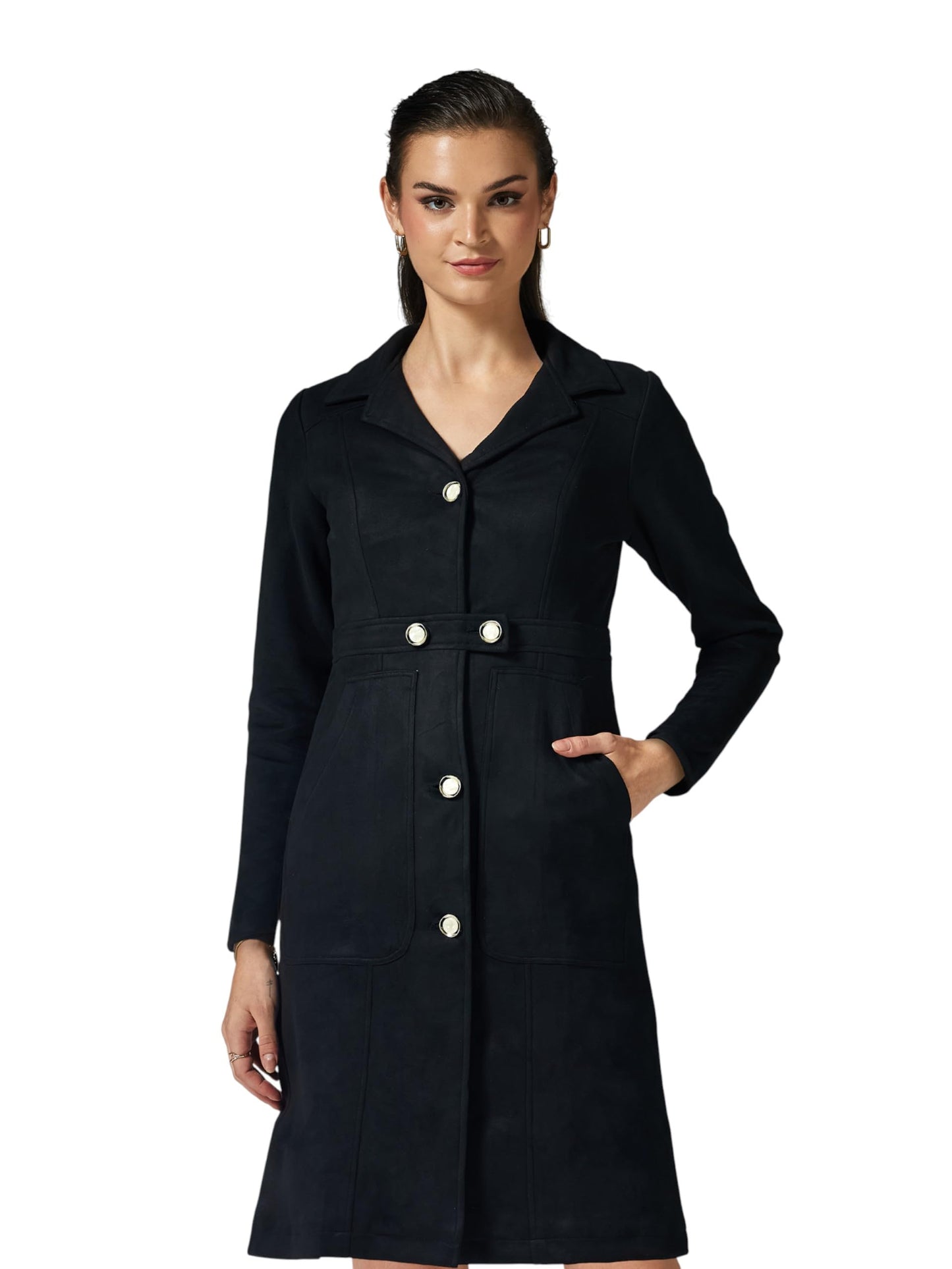 Miss Chase Womens Shirt Collar Full Sleeves Patched Pocketed Button Down Longline Jacket (MCAW25JKT99-72-62-06, Black, XL)