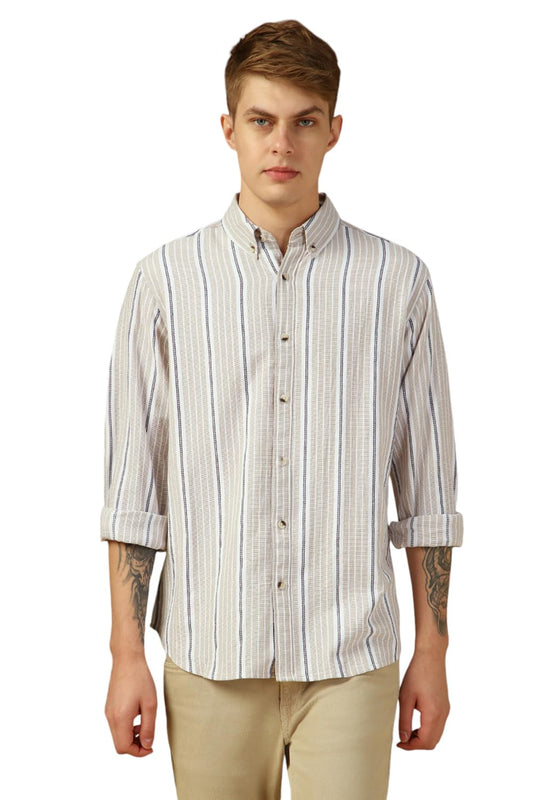 Dennis Lingo Men Beige Stripes Relaxed Fit Full Sleeve Button Down Collar Shirts