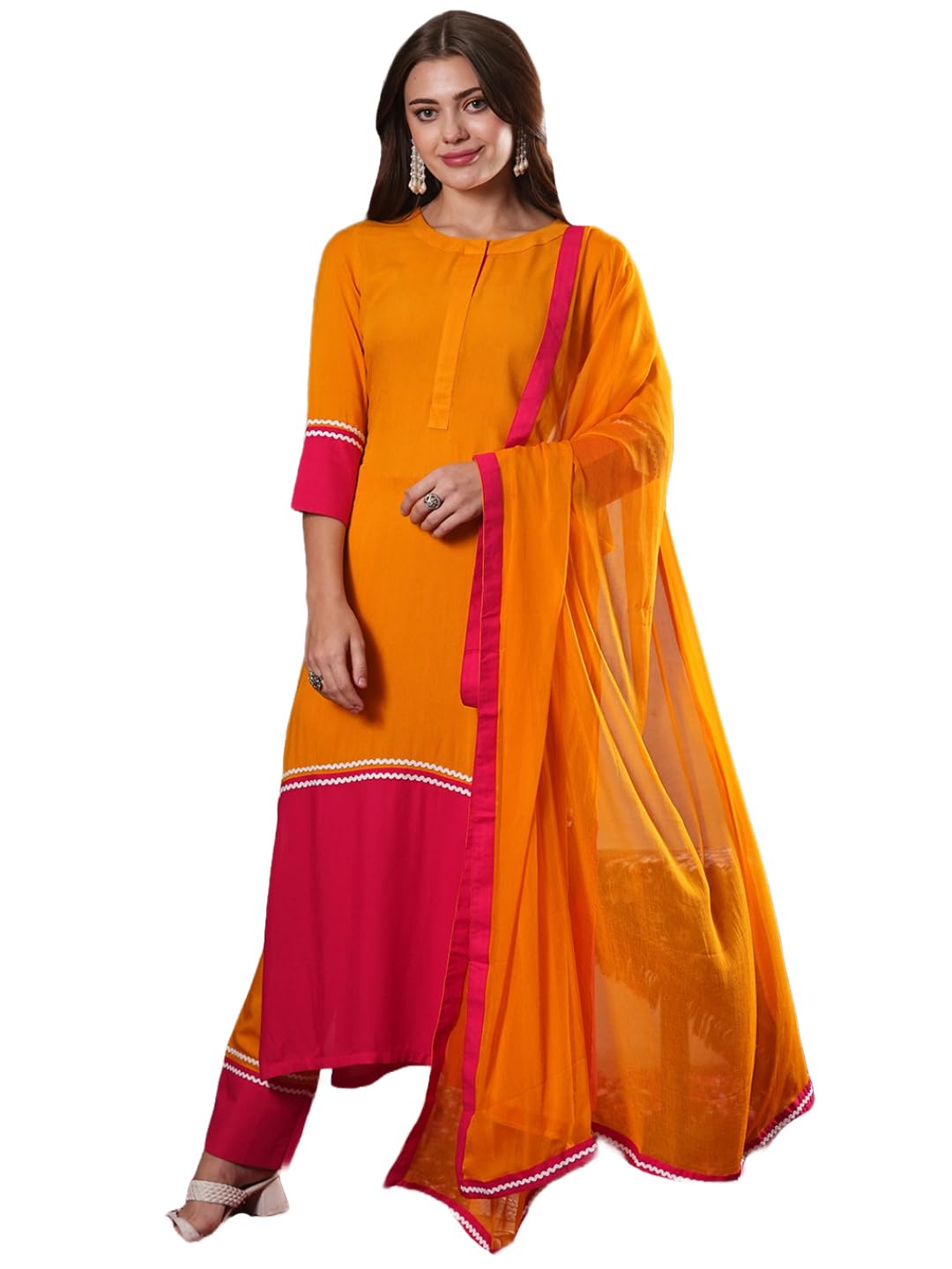 ANNI DESIGNER Ladies Plain Cotton Blend Straight Kurta with Trousers and Dupatta, Orange, S