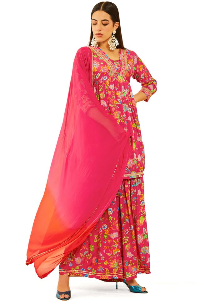 Soch Womens Fuchsia Muslin Floral Printed sharara Suit Set with Sequinned Details