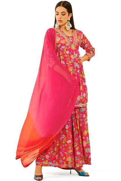 Soch Womens Fuchsia Muslin Floral Printed sharara Suit Set with Sequinned Details