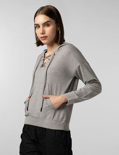 FYLTR Womens Drop Shoulder Hoodie with Lace Up Neck Detailing & Contrast Drawcord
