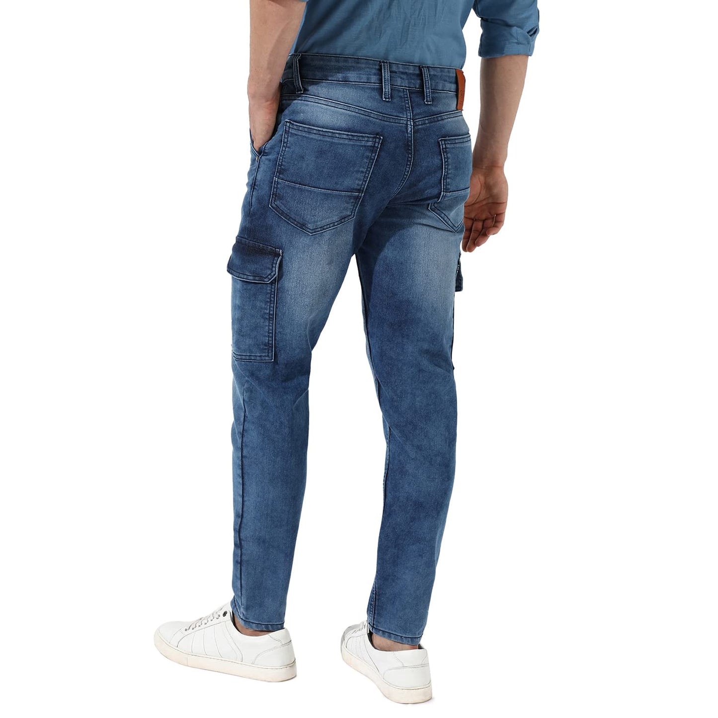 Campus Sutra Mens Blue Medium-Wash Cargo Denim Jeans | Stretchable Cotton Mid-Rise Denim Jeans Crafted with Comfort Fit and Hig