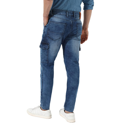 Campus Sutra Mens Blue Medium-Wash Cargo Denim Jeans | Stretchable Cotton Mid-Rise Denim Jeans Crafted with Comfort Fit and Hig