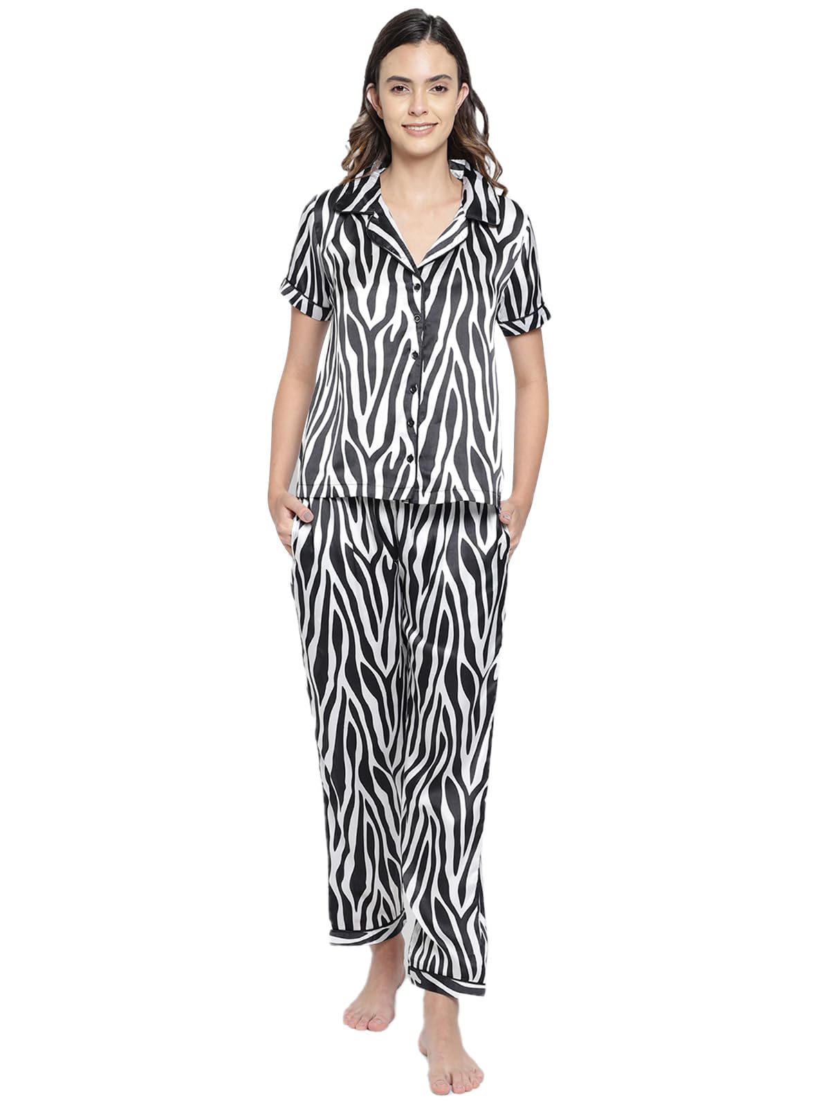 Clovia Womens Satin Florals Button Down Shirt & Pyjama Set (NS1212A13_Black_M)