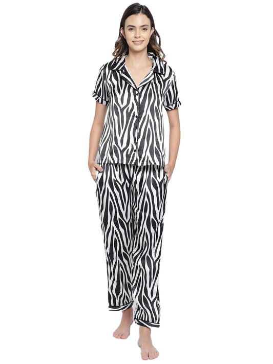 Clovia Womens Satin Florals Button Down Shirt & Pyjama Set (NS1212A13_Black_M)