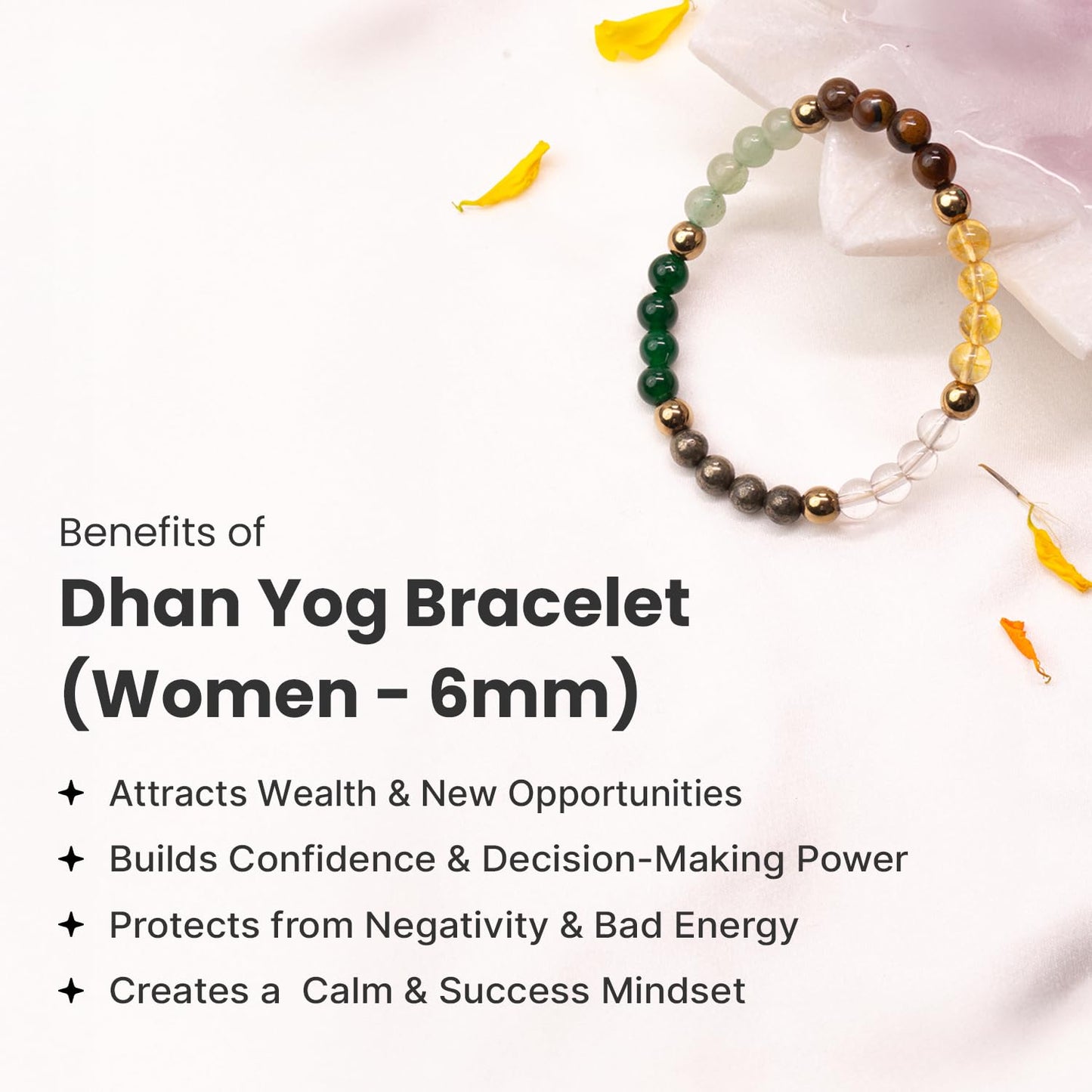 Astrotalk Dhan Yog Bracelet for Women (6mm Beads) | Wealth, Prosperity & Career Growth | Bracelets for Women with Pyrite Stone, Tiger Eye & Clear Quartz Crystal | Gift for Woman
