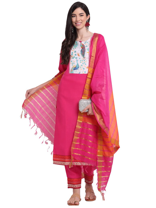 ANNI DESIGNER Women's Cotton Straight Kurta with Palazzo & Dupatta (Been Pink)
