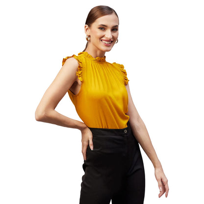 Rare Women Casual Mustard Colour High Neck Solid Regular Top