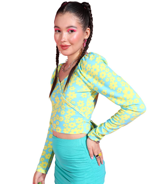 POPWINGS Women Casual Printed Sky Blue Yellow Floral Belt Crop Top Tops for Women | Stylish Tops for Women | Trendy Tops Women