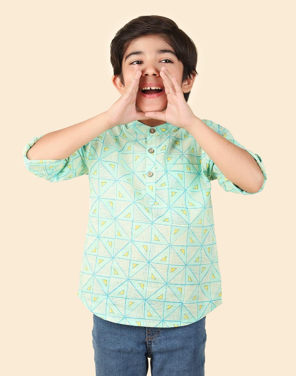 Fabindia Boy's Printed Regular Kurta (1035460TEAL_Teal