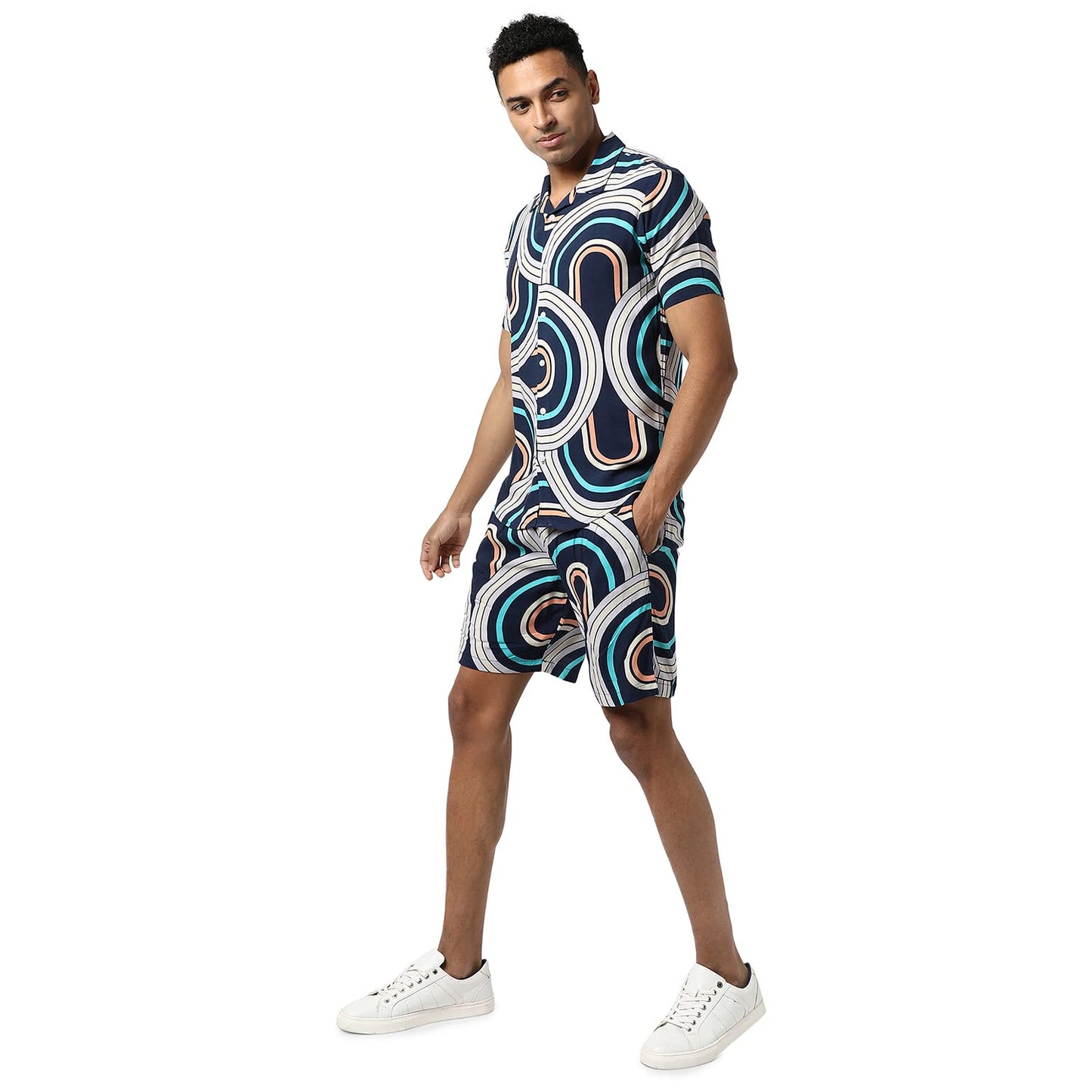 Campus Sutra Mens Navy Blue Printed Regular Fit Co-Ords Set For Casual Wear | Cotton Blend Fabric | Stretchable | Clothing Set