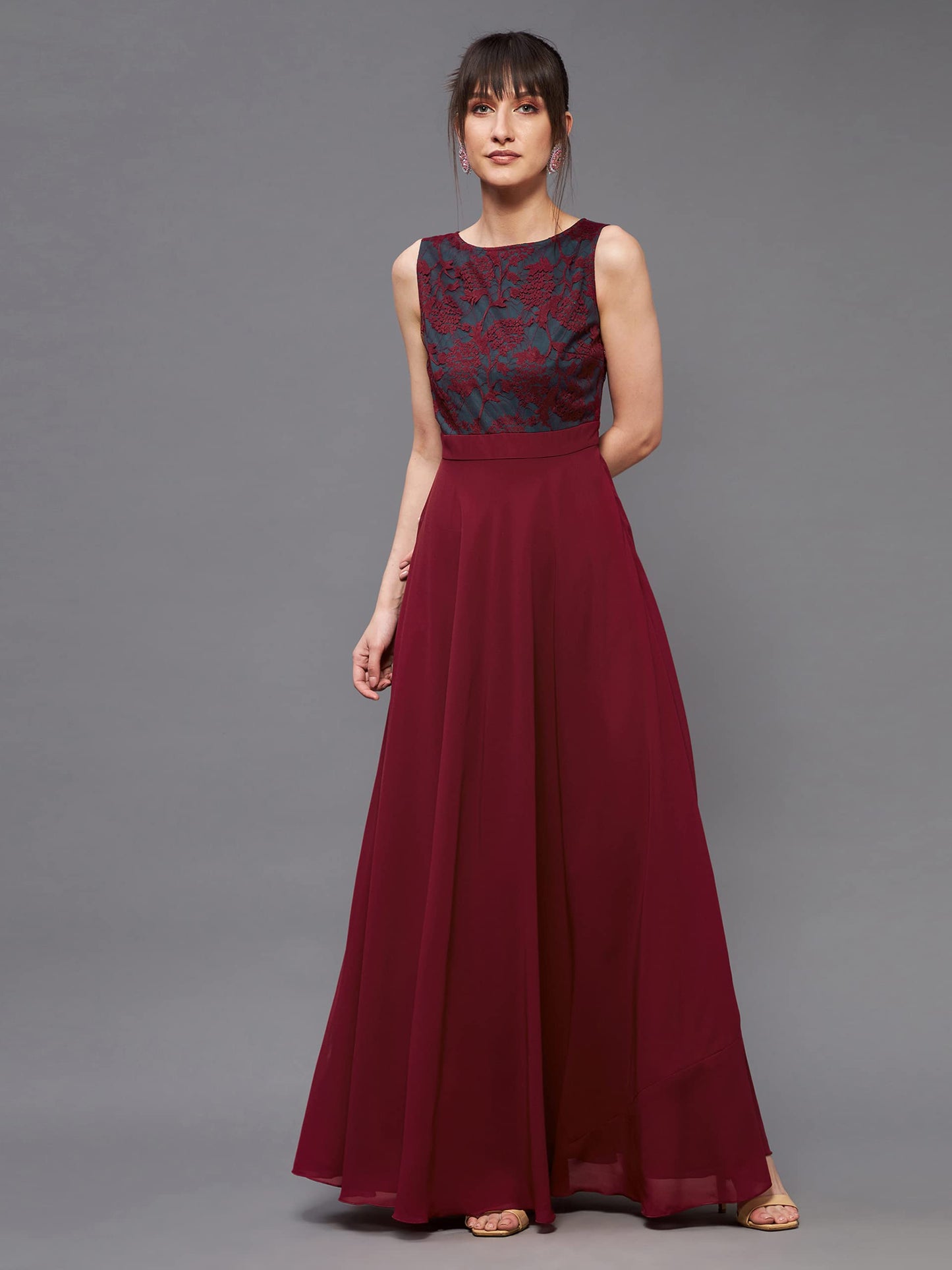 Miss Chase WomenS Round Neck Sleeveless Georgette Floral Lace Fit & Flare Maxi Dress Maroon