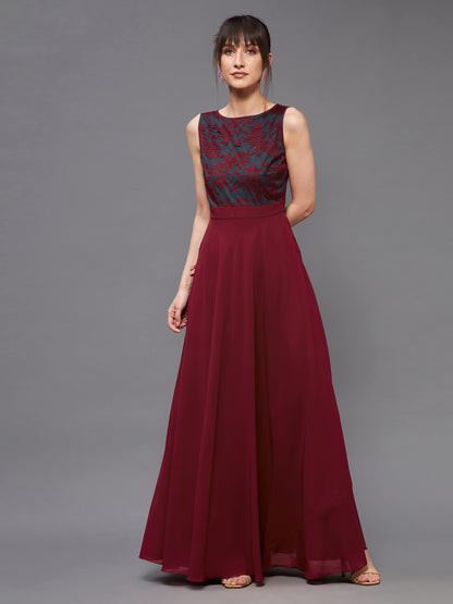 Miss Chase WomenS Round Neck Sleeveless Georgette Floral Lace Fit & Flare Maxi Dress Maroon