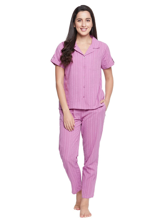 Clovia Women Rayon Blend Sassy Stripes Button Me Up Shirt & Pyjama Set (LS0385A15_Purple_XXL)