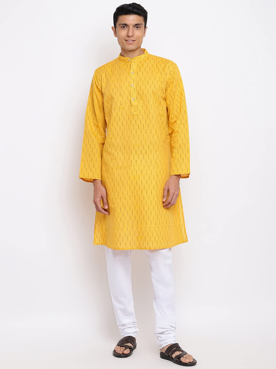 Fabindia Men Linen Blend Hand Block Printed Long Kurta Mustard_XS