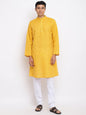 Fabindia Men Linen Blend Hand Block Printed Long Kurta Mustard_XS