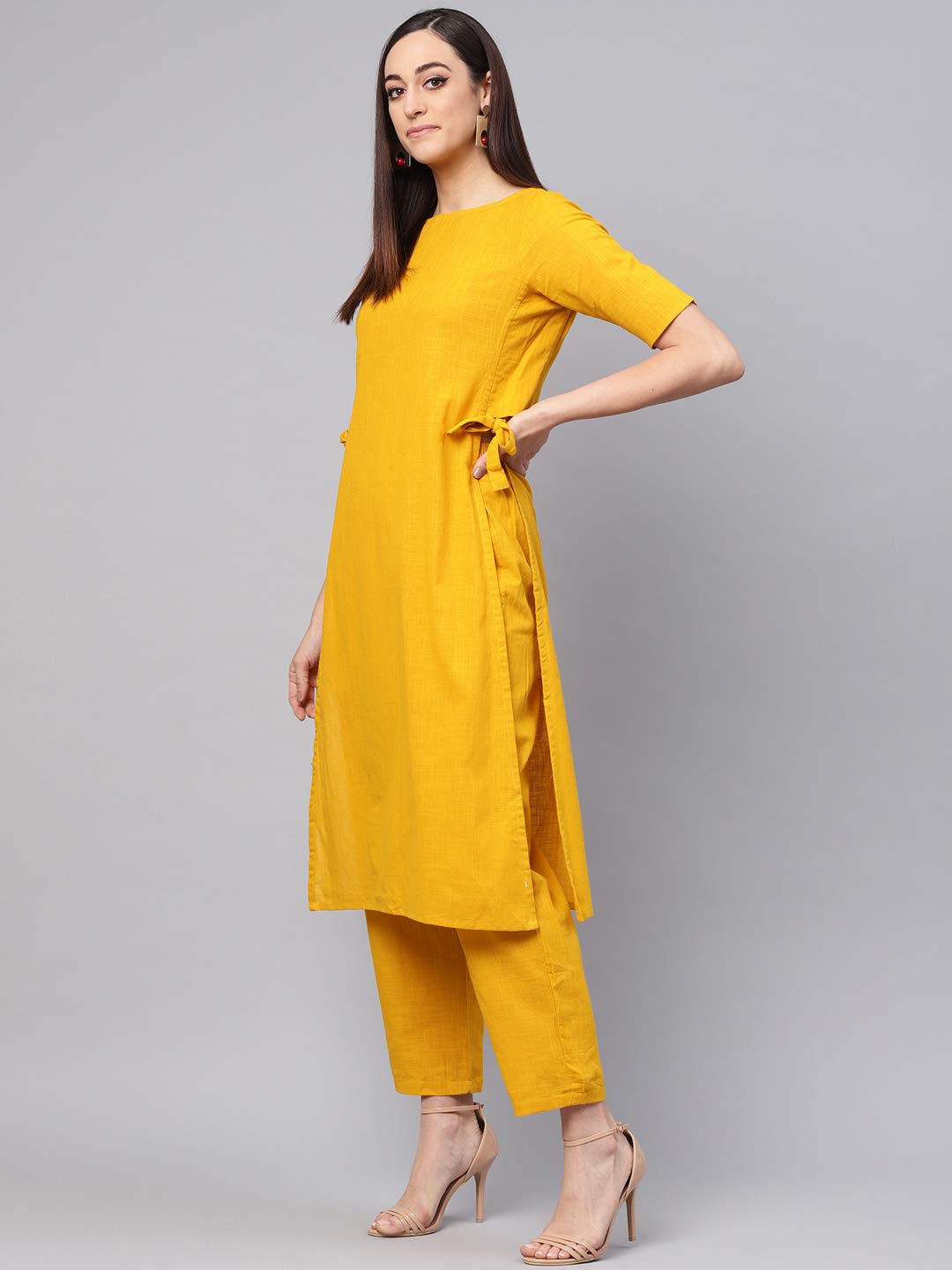 idaLia Mustard Straight Cotton Solid Kurta Set for Women Stylish Boat Neck Design Kurta Set with Pant