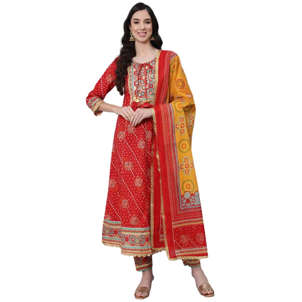 Anubhutee WomenS Cotton Red Gota Patti Ethnic Motifs Yoke Design Anarkali Kurta Suit Set With Churidar And Dupatta